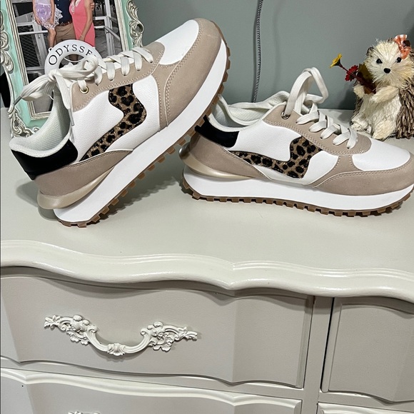 Lucky Step Shoes - Beige and White Leopard-Accent Women's Sneakers